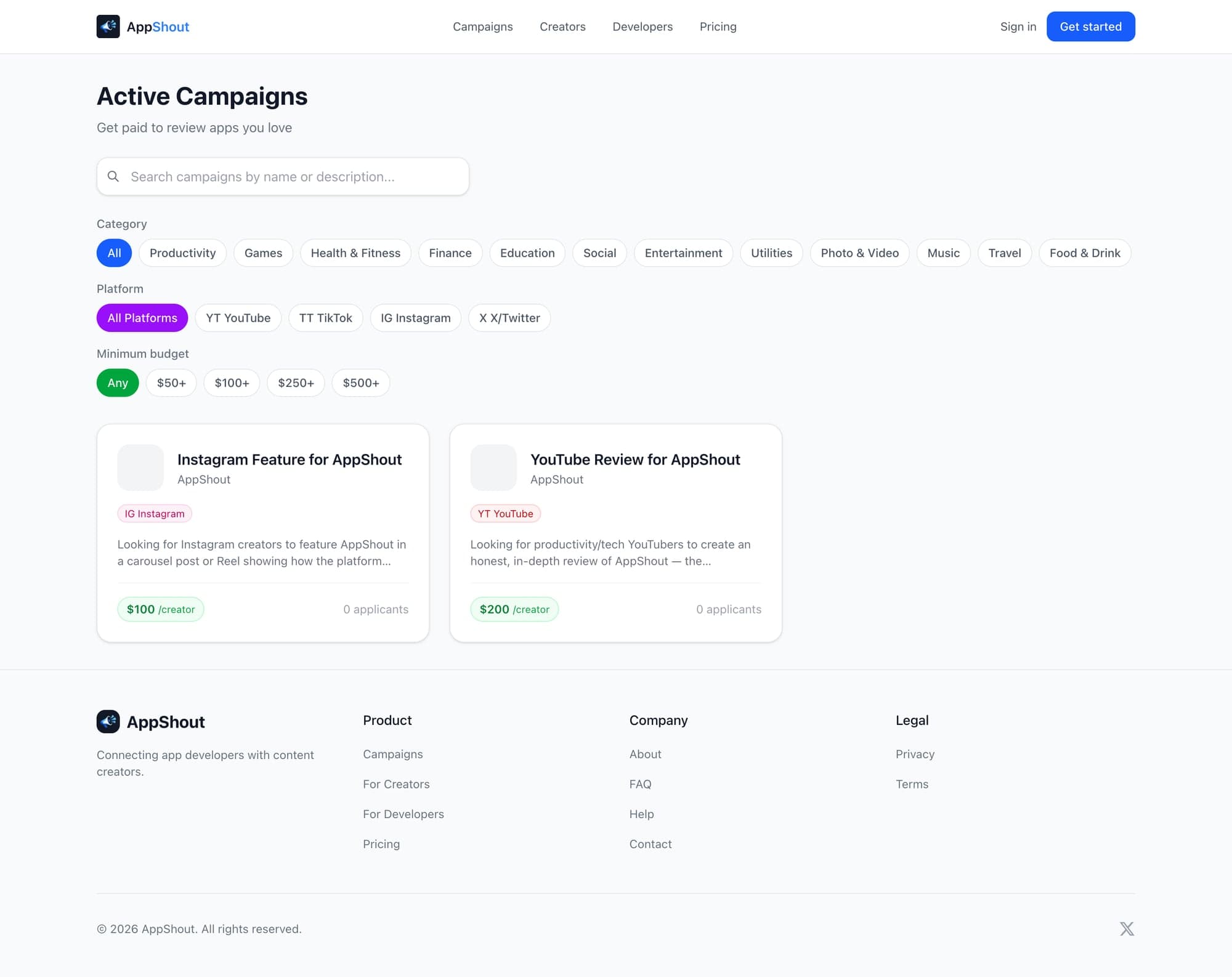 AppShout Dashboard - Browse campaigns and find opportunities